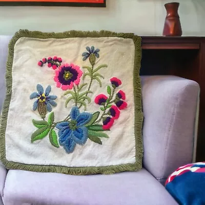 Floral Flowers Vintage Crewel Embroidery Pillow Mid Century Boho Cottage Core • $29.99