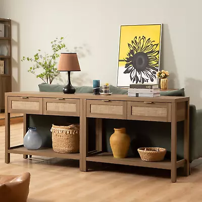 Console Table Set Of 2 - Boho Entryway Table With Rattan Drawers 2 Tier Shelf  • $414.99