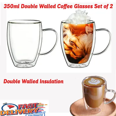 2x Double Wall Insulated Glass Coffee Glass Thermal Mug Tea Cup Handle 350ml • £9.89