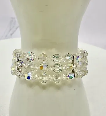 Vintage 3 Strand AB Crystal Beads Bracelet  Rhinestone Clasp 7” By CONTINENTAL • $13.99