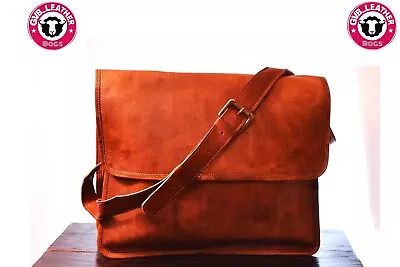 Men's 18  Goat Leather Messenger Real Satchel Bag Attach Laptop Brown Briefcase • $38.54