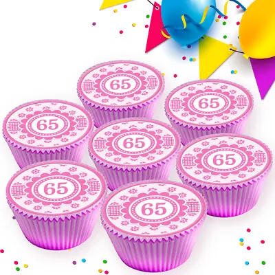 Cute Pink Happy 65th Birthday Age 65 Edible Cupcake Toppers Decorations Pf-1375 • £2.99