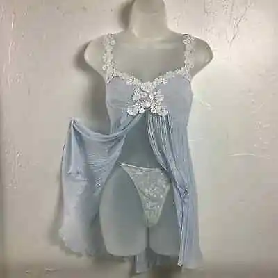 VTG Flora Nikrooz Chemise Open Front Flowers Appliqué 2pc Lingerie Set SZ S EUC • $48