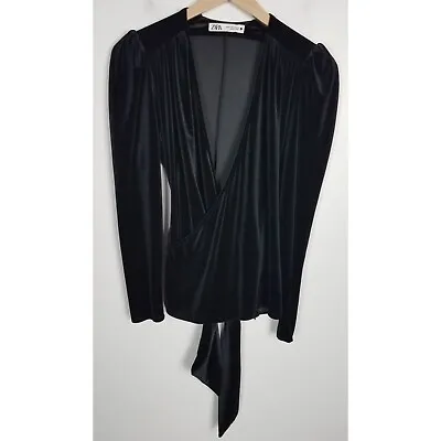 $39.99 • Buy Zara Women's Sz. M Black Velvet Faux Wrap Puff Long Sleeve Tie Top