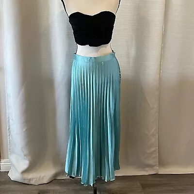 Zara Satin Effect Pleated Midi Skirt Turquoise Sz Large • $29