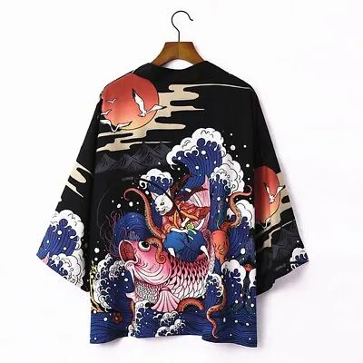 Men Japanese Kimono Jacket Cardigan Yukata Coat Retro Fish Top Outwear Loose • £16.99