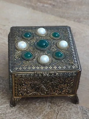 Vtg  Metal Jewerly Trinket Box Jeweled Embossed Faux Green &Pearl Stones  • $30