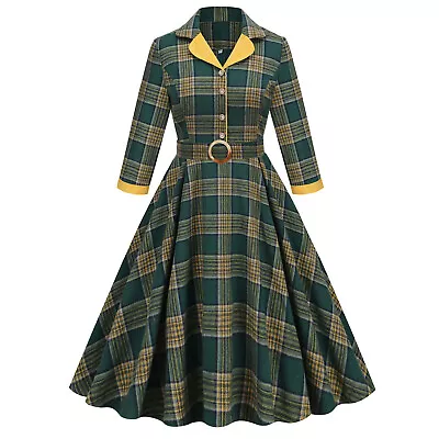 Ladies 1940s 50s Rockabilly Retro Plaid Midi Dress Long Sleeve Lapel Swing Dress • £25.19