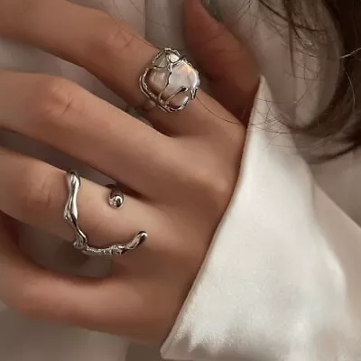 Fashion Silver Irregular Geometric Pearl Adjustable Finger Ring Women Jewelry • $2.10