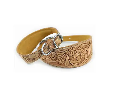 Premium Natural Hand Carved Leather Whippet Greyhound Saluki Lurcher Dog Collar • £18.99