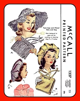 Floppy DERBY Hat Adjustable 2 Styles BAG McCall 1337 VTG 1940's Sewing Pattern • $6.50