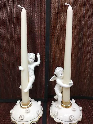 Set Of 2 Vintage Ceramic Porcelain Climbing Angel Cherub Candle Holders W/ Bases • $24.99