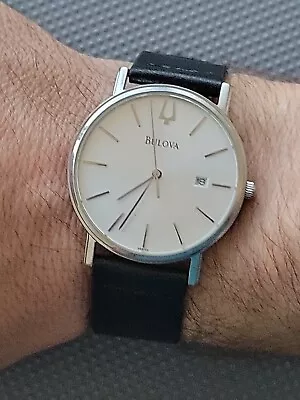 Men's Bulova Quartz Silver Dial Date Watch. New Battery & Leather Band. 96B104 • $49.99