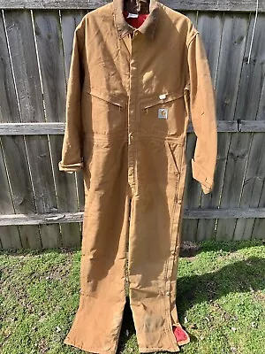 Carhartt Insulated Duck Coveralls Mens 42 Tall Brown Red Quilted Made In USA • $59.99