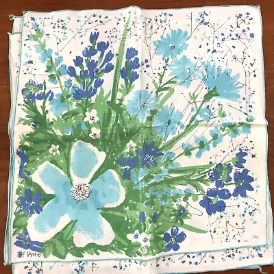 3 Vintage Vera Neumann Blue Floral Green & White Dinner Napkins 16  • $34.95