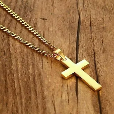 $4.49 • Buy Cross Pendant Necklace Stainless Steel Plated Silver Gold Men Women Cuban