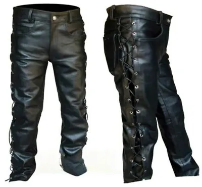 Medieval Men's Steampunk Vintage Lace Up Gothic Black PU Trousers Pants Costume • $41.99