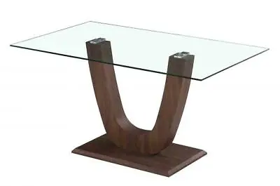 Dining Kitchen Table Clear Glass Rectangle Wooden U-Shaped Frame Walnut Finish • £274.99