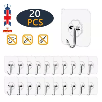 £4.99 • Buy 20 X Removable Self Adhesive Hooks Wall Door Plastic Strong Sticky Sucker Holder