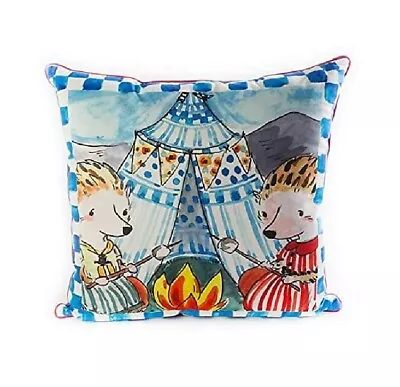 Mackenzie Childs Happy Campers Pillow 22  Square Brand New Royal Check Back • $95