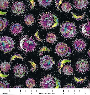 Celestial Magic Laurel Burch ECLIPSE Sun Moon Purple TOSS BLACK Fabric FQ 1/4 YD • $3.75