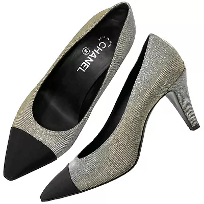 Chanel Grosgrain Cap Toe Metallic Fabric Lurex Pointed Toe Logo Heels Pumps • $799