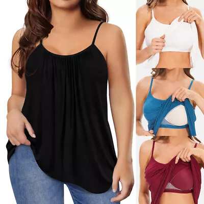 Women Camisole With Built-in Bra Flowy Tank Top Adjustable Straps Loose Fit Vest • £19.79