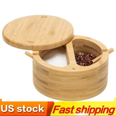 $17.99 • Buy Bamboo Pepper And Salt Bowl Box - 2 Compartments Container Salt Cellar Storage