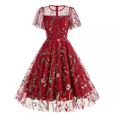 Womens Vintage Round Neck Floral Embroidery Dress Short Sleeve Cocktail Dress • $29.76