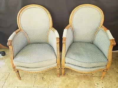 French Louis XVI Style 1880s Petite Barrel Back Bergère Upholstered Armchairs • $295
