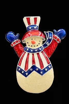 Vintage Snowman Pin Brooch Uncle Sam Red White Blue Rhinestone USA Flag BinAT • $14.36