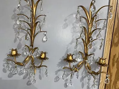 $300 • Buy Vintage Gilt Candle Sconces Italian Tole & Crystals Candelabra Set Of 2