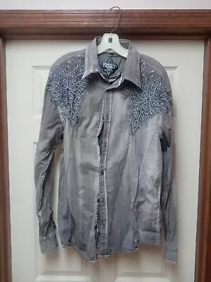 ROAR XL Long Sleeve Shirt Graphic Button Up Mens Embroidered Gray Richness Roars • $30