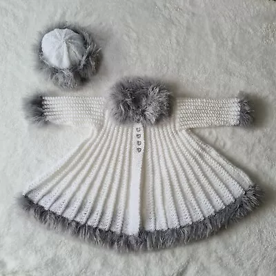 New Hand Made Knitted Baby Girl Clothes 3-6 Months Jacket And Hat Silver White • £34.99