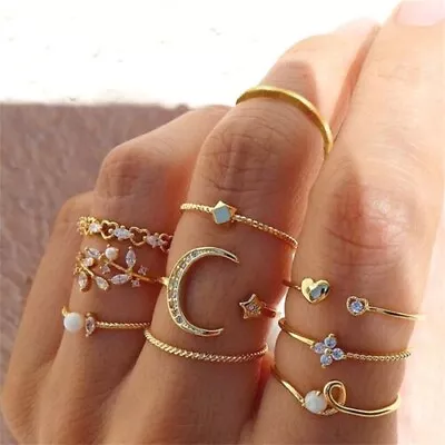 Star And Moon Ring Set Diamond Love Pearl Leaf Ring Creative Retro Women's Ring • $2.22