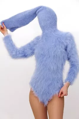 Fuzzy Blue Mohair Bodysuit Fetish Long Turtleneck Hand Knit SUPERTANYA • £214.98