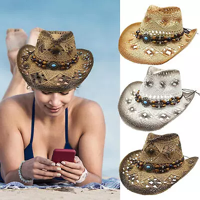 Mens Straw Adult Cowboy Hat Classic Unisex Beach Hat Cow Boy Hat With Hat Band • $20.87