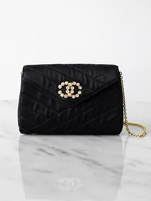 Chanel Vintage 1992 Black Gold Crystal Embellished CC Satin Diagonal Evening Bag • $4200