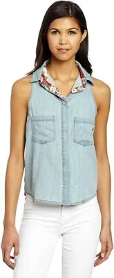 Miss Me Crochet Racerback Button Down Top Shirt Womens L Chambray/Floral NWT $74 • $2.98