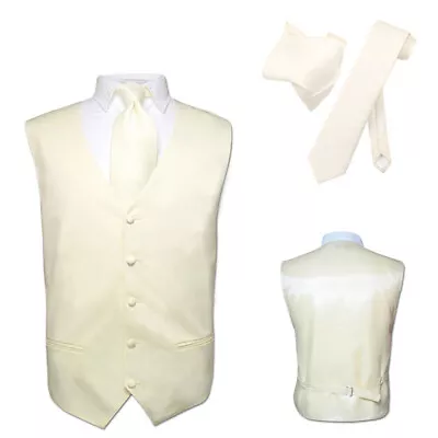 Men's Dress Vest NeckTie Hanky CREAM Ivory Color Neck Tie Set For Suit Tux Large • $24.95