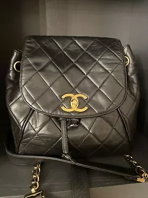 CHANEL Quilted Matelasse CC Logo Lambskin Backpack Black Vintage 24K Gold ! • $1800