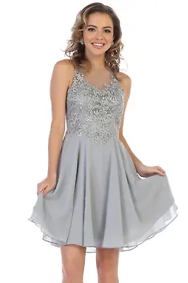 Beaded Short A-Line Evening Dress Silver • $60