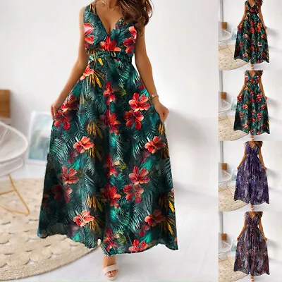 Women Boho Floral V Neck Maxi Long Dress Summer Party Holiday Beach Sundress • $33.69