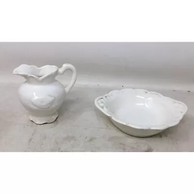 Vintage White Ceramic Embossed Handled Pitcher/Creamer Jug  And Bowl Set • $48