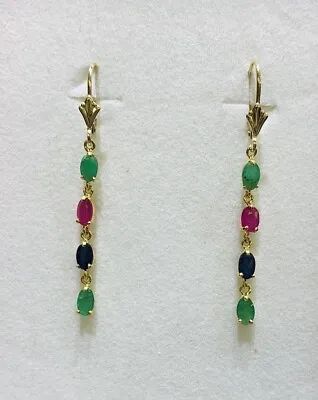 14k Solid Yellow Gold Lever Back Earrings W/Natural Emerald Sapphire & Ruby1.65G • $167.44