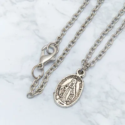 Dainty Miraculous Medal Charm Pendant Necklace Antique Silver 24 Inch Chain • $8.99