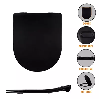  Matt Black Soft Close Toilet Seat Slimline D-Shape - Top Fix Quick Release • £19.95