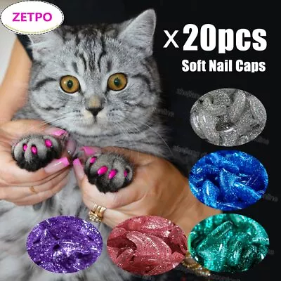 20pcs Silicone Soft Nail Cap For Cat Paw Claw Nail Protector Free Adhesive Glue • $5.72