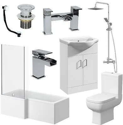 L Shaped Complete Bathroom Suite Close Coupled Toilet Vanity Unit Bath Taps Set • £729.97