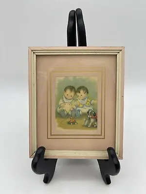 Vtg Twin Babies Puppy & Baby Bottle Framed Print Nursery Art • $28